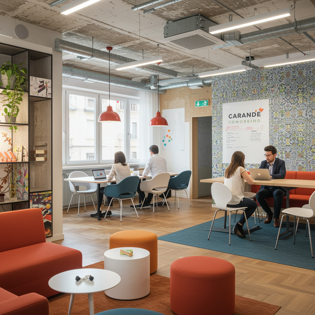 "Espacio de coworking moderno en Sevilla, diseñado para fomentar la colaboración y productividad, con mobiliario contemporáneo, luz natural y elementos decorativos inspirados en la cultura local."